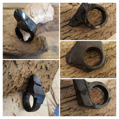 Carved by John from a single piece of Whitby Jet  this ring was a custom order ..