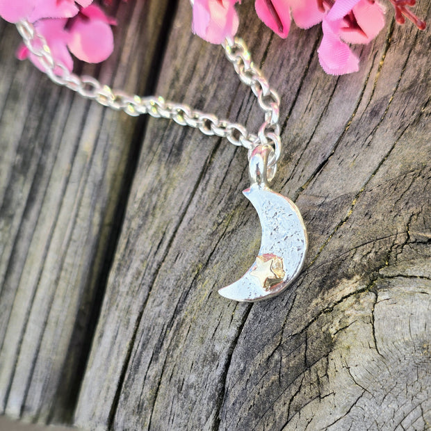 Ashes into Silver Crescent Moon Gold Star Belcher Necklace