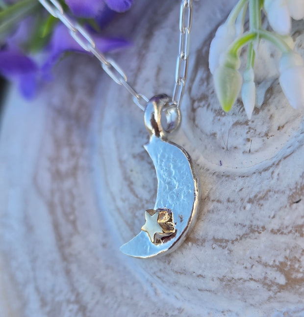 Ashes into Silver Crescent Moon Gold Star Long Link Necklace