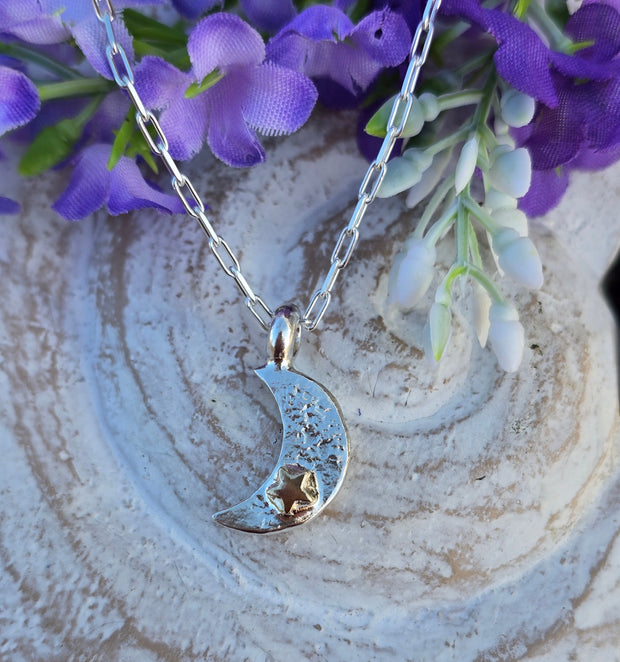 Ashes into Silver Crescent Moon Gold Star Long Link Necklace