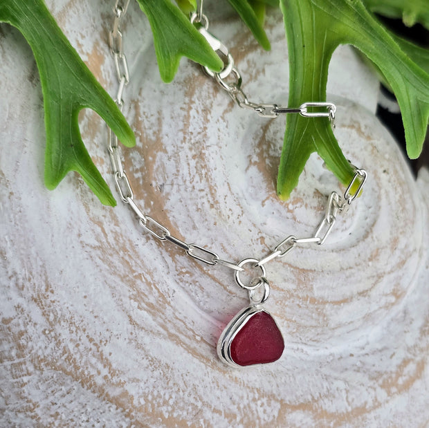 Coral Red Sea Glass Long Link Bracelet  30