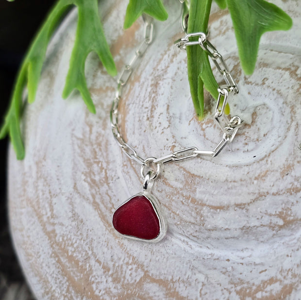 Coral Red Sea Glass Long Link Bracelet  30