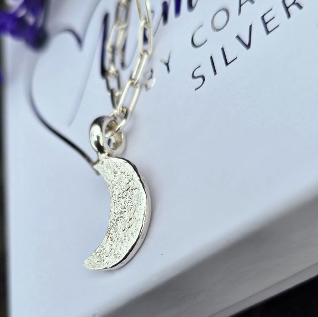 Ashes into Silver Crescent Moon, Chunky Long Link Necklace