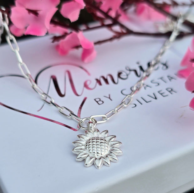 Ashes into Silver Sunflower Chunky Long Link Necklace