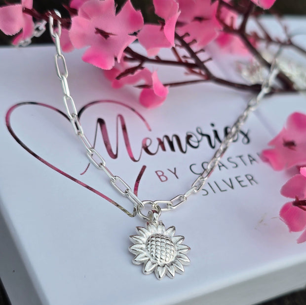 Ashes into Silver Sunflower Chunky Long Link Necklace