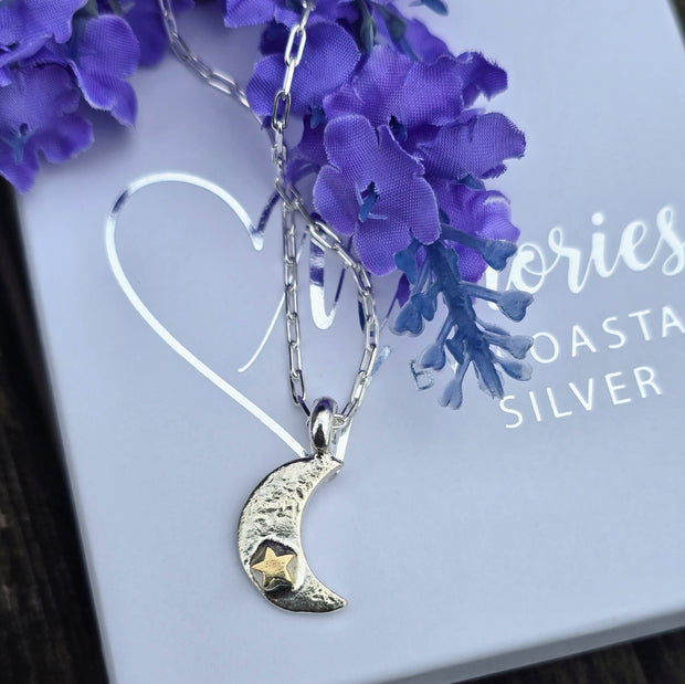 Ashes into Silver Crescent Moon Gold Star Long Link Necklace