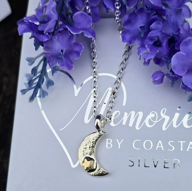 Ashes into Silver Crescent Moon Gold Star Belcher Necklace