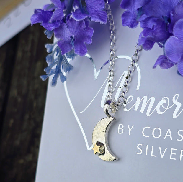 Ashes into Silver Crescent Moon Gold Star Belcher Necklace