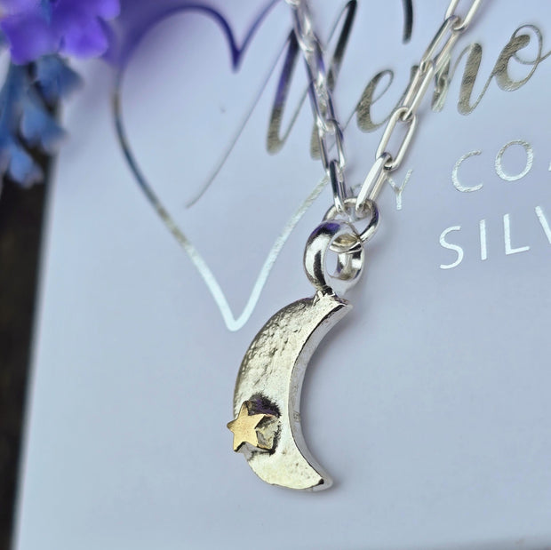 Ashes into Silver Crescent Moon Gold Star Medium Long Link Necklace