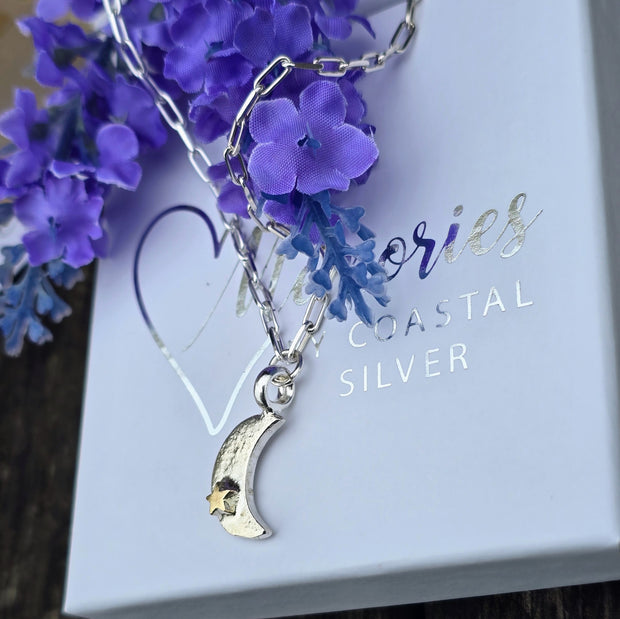 Ashes into Silver Crescent Moon Gold Star Medium Long Link Necklace