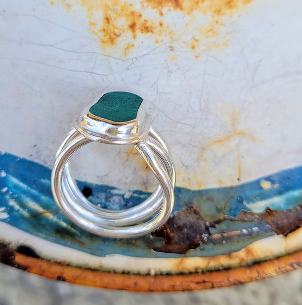 Aqua Spiral Sea Glass Ring (251) Size Q